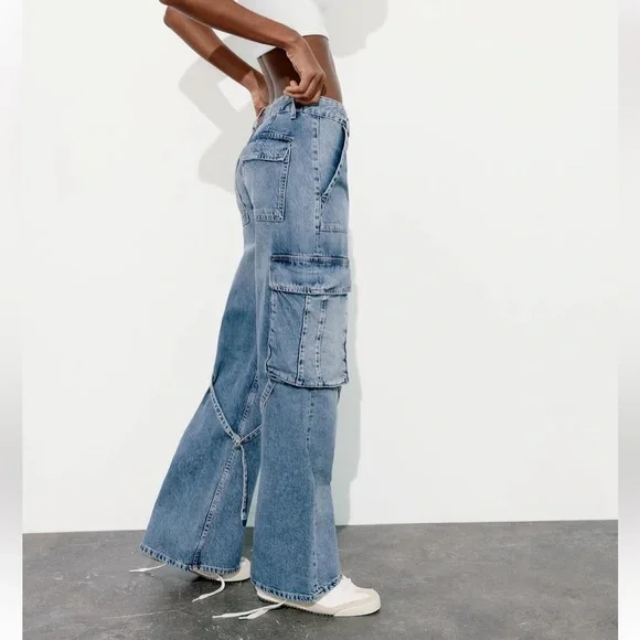 ZARA✨Cargo Jeans U.S. Women’s 6 Baggy Low Waisted Pockets Med Blue - Picture 3 of 16